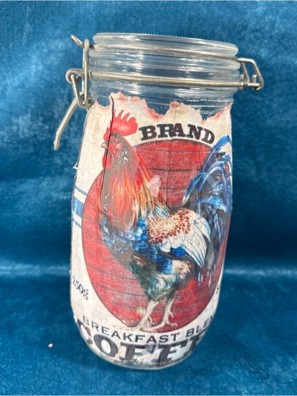 Vintage ARC Large Canister Jar Hinged Latch Lid Decoupage ROOSTER Coffee 8.75” H